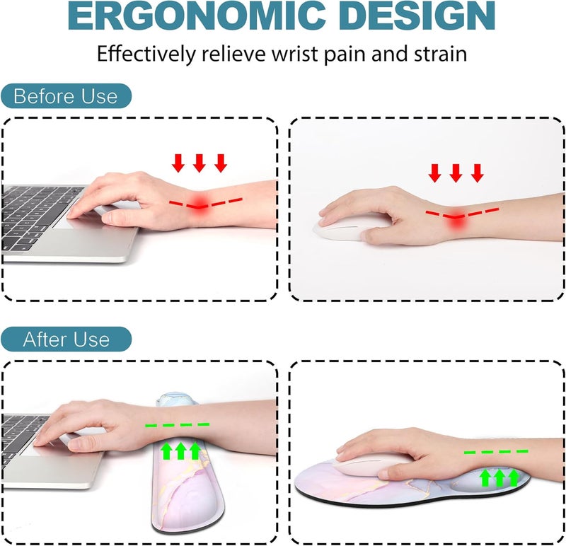 JIGOO Ergonomic Mouse Pad with Wrist Rest and Keyboard Wrist Rest, Mousepad and Wrist Rest for Computer Keyboard, Non-Slip Rubber Base, Mouse Pad with Wrist Support for Gaming, Office, Pink Blue Marble - Image 2